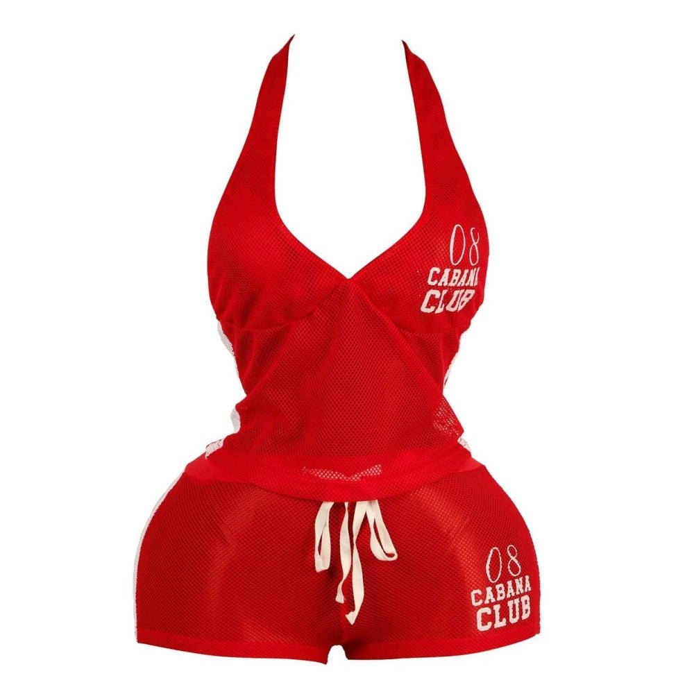 Two Piece Set + Red Mesh Letter Print Halter Crop Top And Drawstring Shorts + Y2K Streetwear - SN Wigs & More
