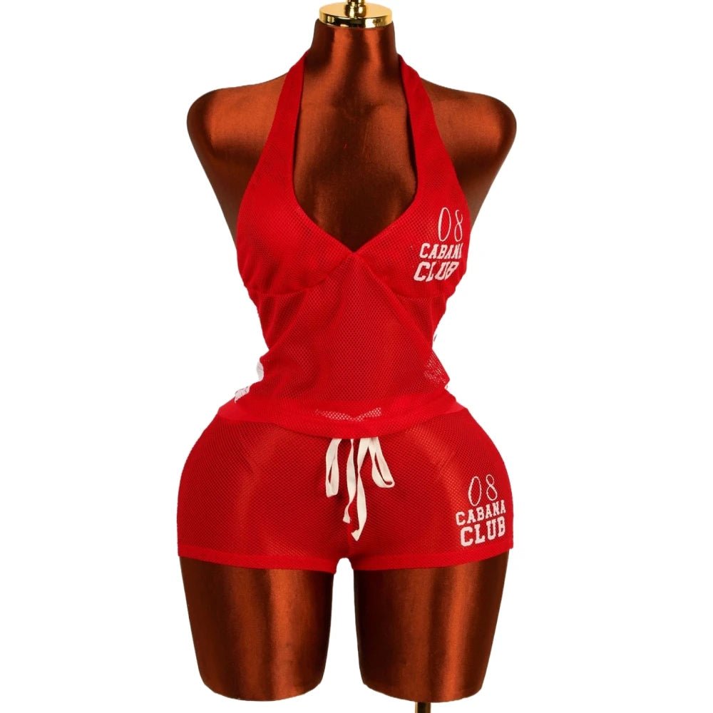 Two Piece Set + Red Mesh Letter Print Halter Crop Top And Drawstring Shorts + Y2K Streetwear - SN Wigs & More