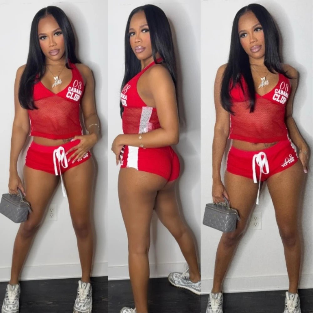 Two Piece Set + Red Mesh Letter Print Halter Crop Top And Drawstring Shorts + Y2K Streetwear - SN Wigs & More