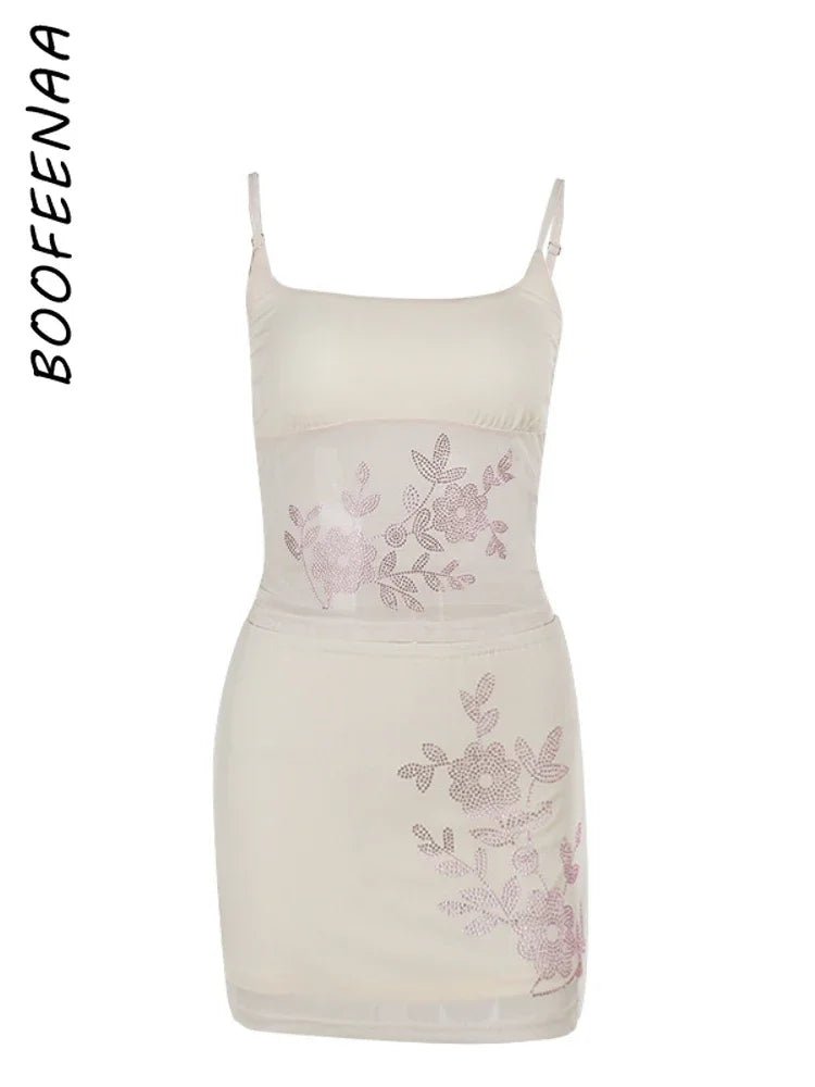 Two Piece Set Rhinestone Mesh Top And Mini Skirt Crystal Detailing Sexy Trendy Summer Style - SN Wigs & More