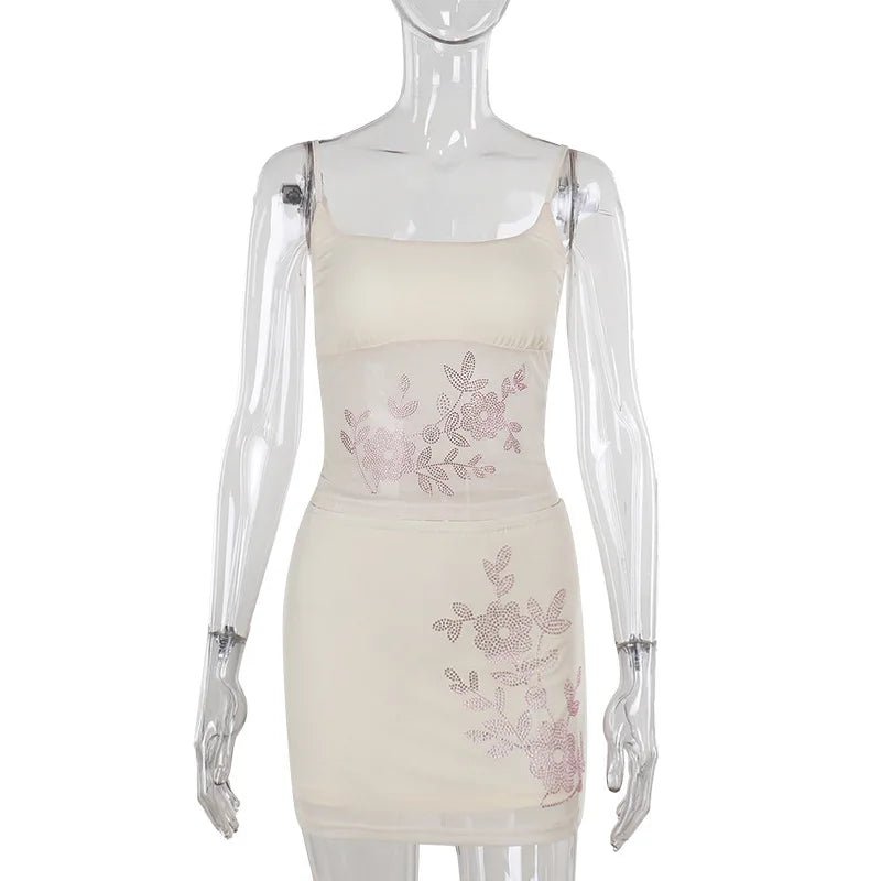 Two Piece Set Rhinestone Mesh Top And Mini Skirt Crystal Detailing Sexy Trendy Summer Style - SN Wigs & More