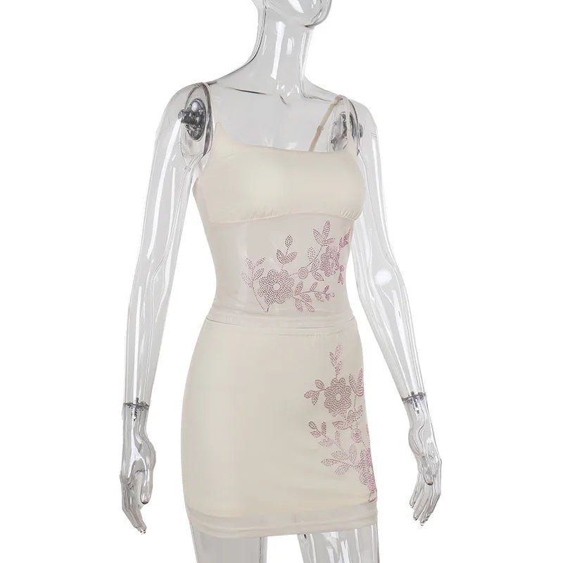 Two Piece Set Rhinestone Mesh Top And Mini Skirt Crystal Detailing Sexy Trendy Summer Style - SN Wigs & More
