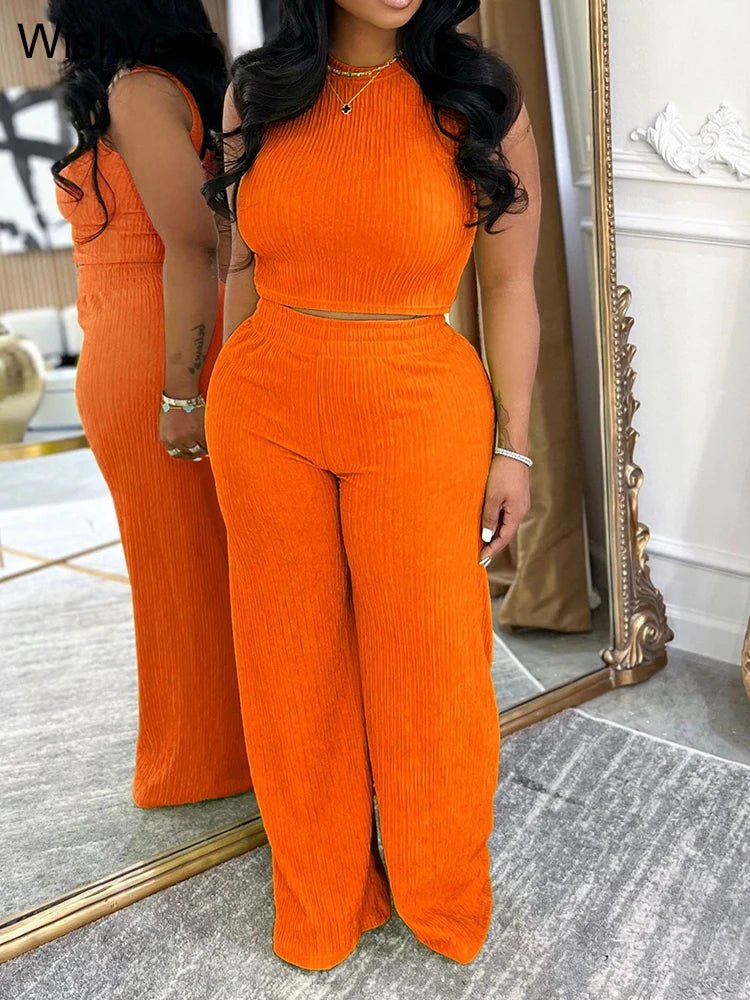 Two Piece Set Sleeveless O Neck Crop Top With Wide Leg Pants Streetwear Style Casual Autumn - SN Wigs & More