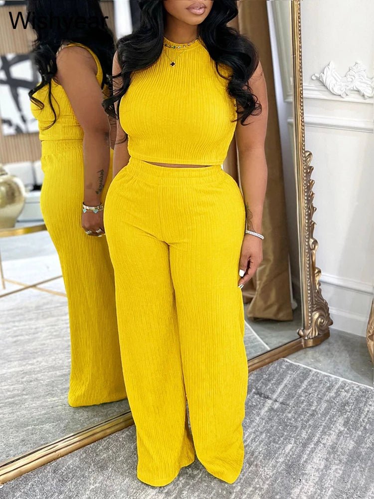Two Piece Set Sleeveless O Neck Crop Top With Wide Leg Pants Streetwear Style Casual Autumn - SN Wigs & More