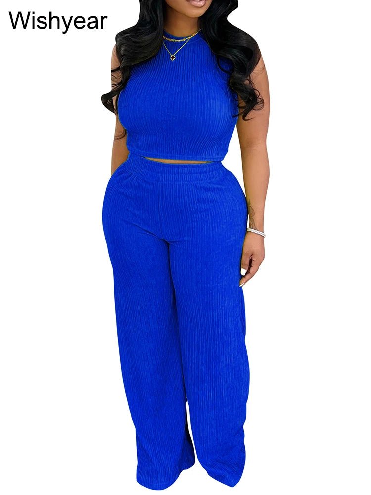 Two Piece Set Sleeveless O Neck Crop Top With Wide Leg Pants Streetwear Style Casual Autumn - SN Wigs & More