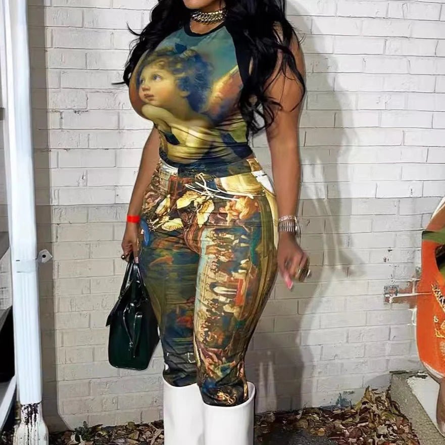 Two Piece Set Vivid Oil Painting Print Sleeveless Crop Top And Wide Leg Pants Streetwear Style - SN Wigs & More