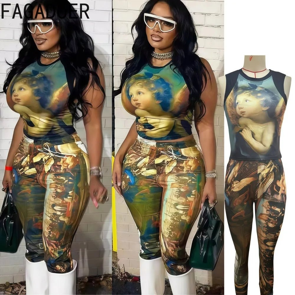 Two Piece Set Vivid Oil Painting Print Sleeveless Crop Top And Wide Leg Pants Streetwear Style - SN Wigs & More