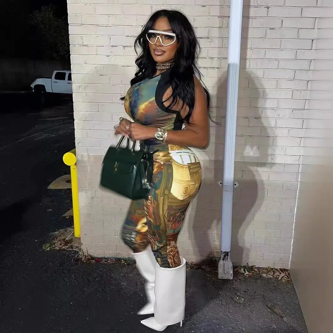 Two Piece Set Vivid Oil Painting Print Sleeveless Crop Top And Wide Leg Pants Streetwear Style - SN Wigs & More
