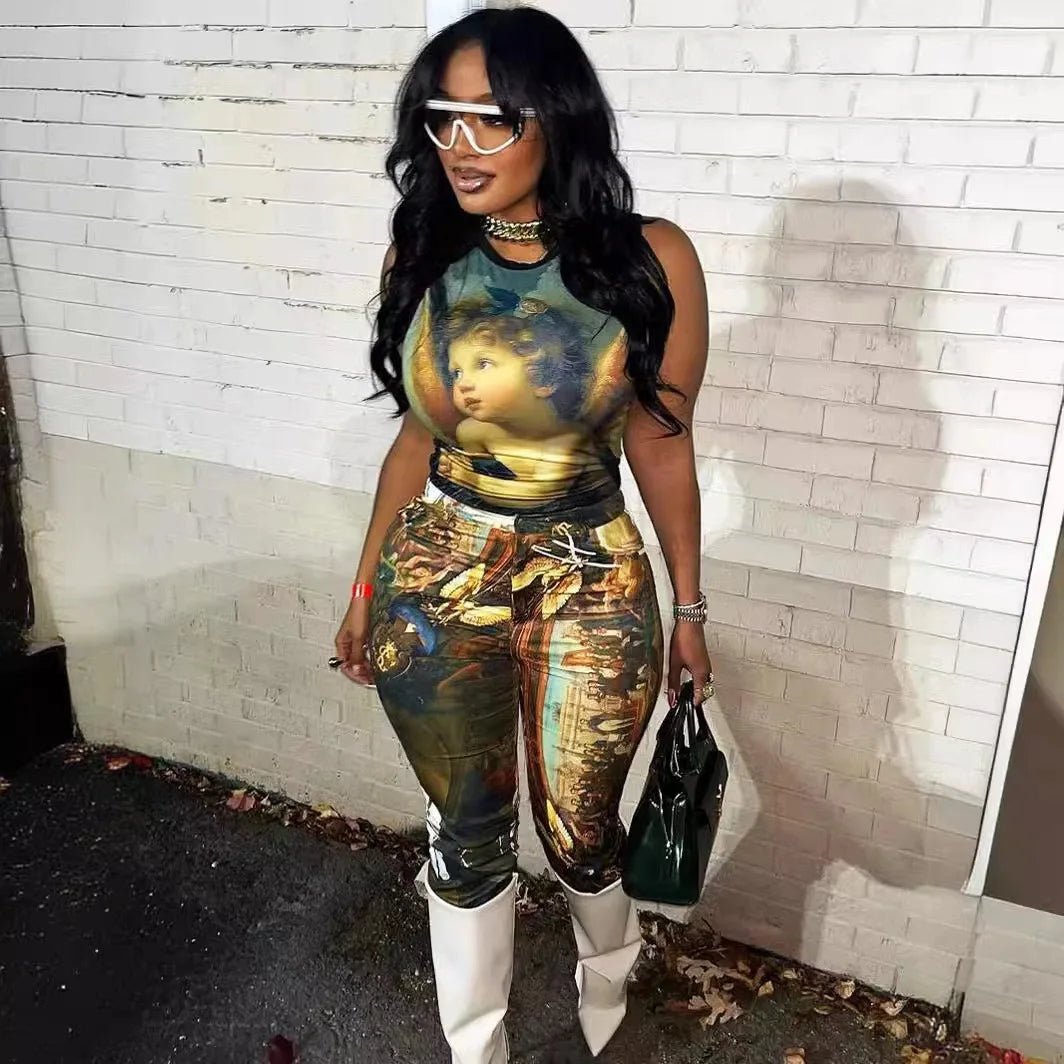 Two Piece Set Vivid Oil Painting Print Sleeveless Crop Top And Wide Leg Pants Streetwear Style - SN Wigs & More