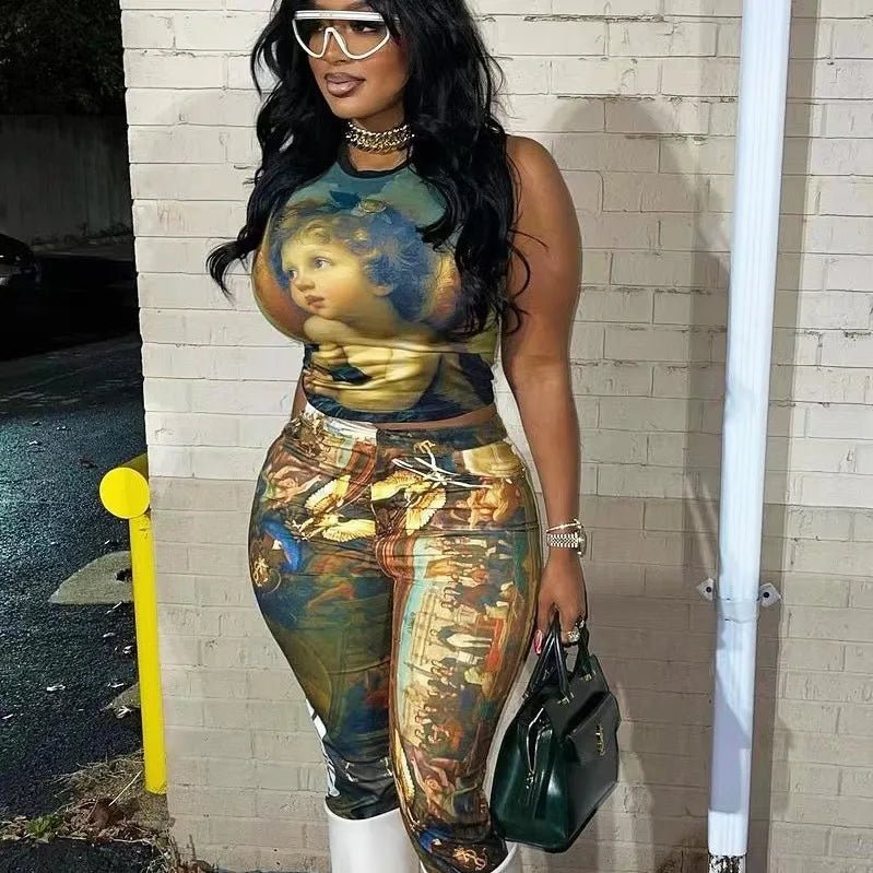 Two Piece Set Vivid Oil Painting Print Sleeveless Crop Top And Wide Leg Pants Streetwear Style - SN Wigs & More