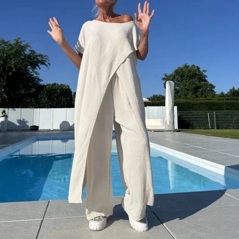 Two Piece Set With Crew Neck Slit Top High Waist Pants Casual Linen - SN Wigs & More