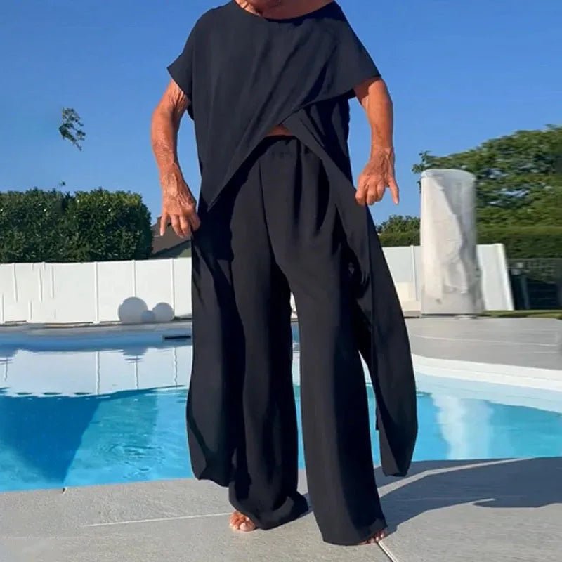 Two Piece Set With Crew Neck Slit Top High Waist Pants Casual Linen - SN Wigs & More