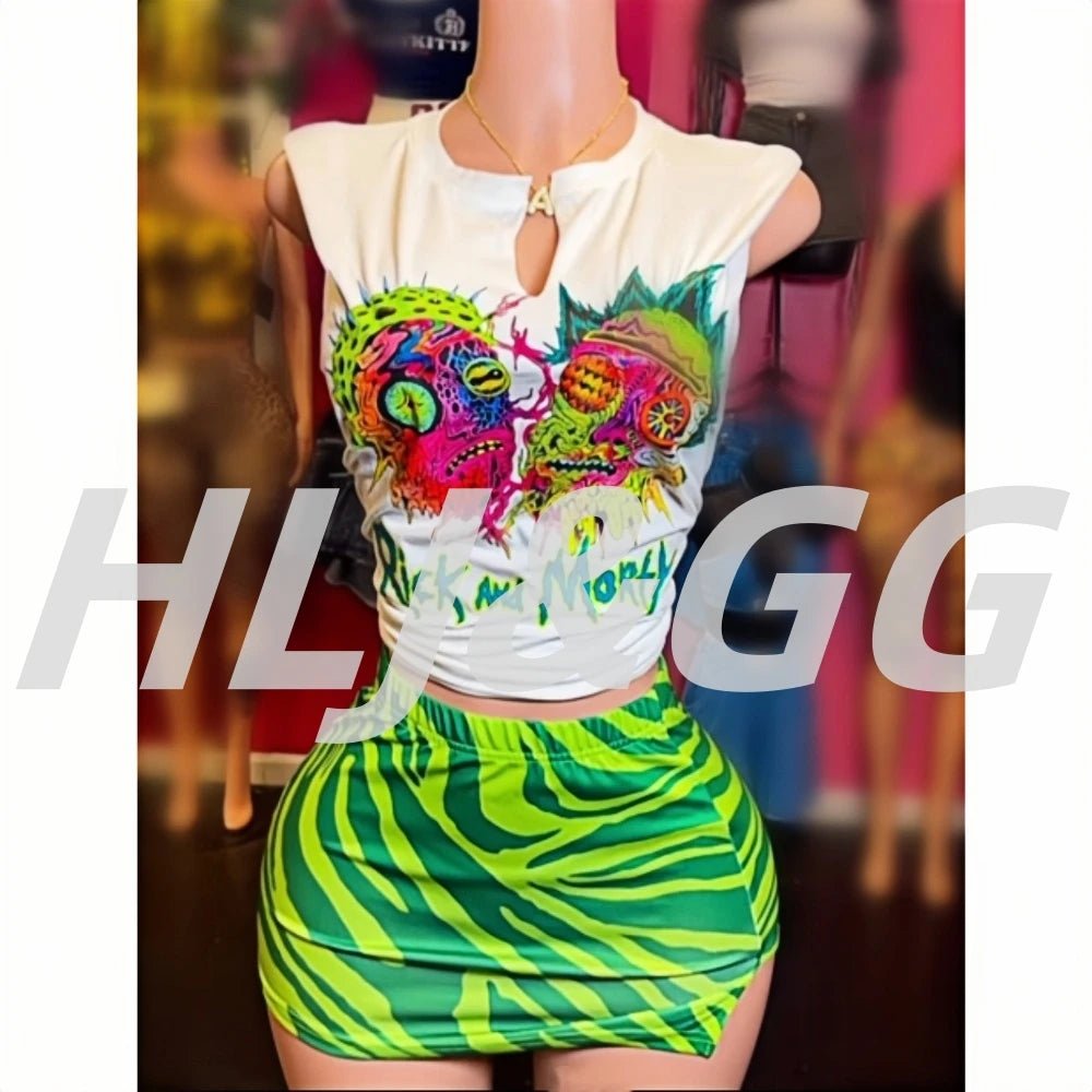 Two - Piece Set With Printed Pattern Round - Neck Tee And Mini Skirt - Y2K Streetwear Style - SN Wigs & More