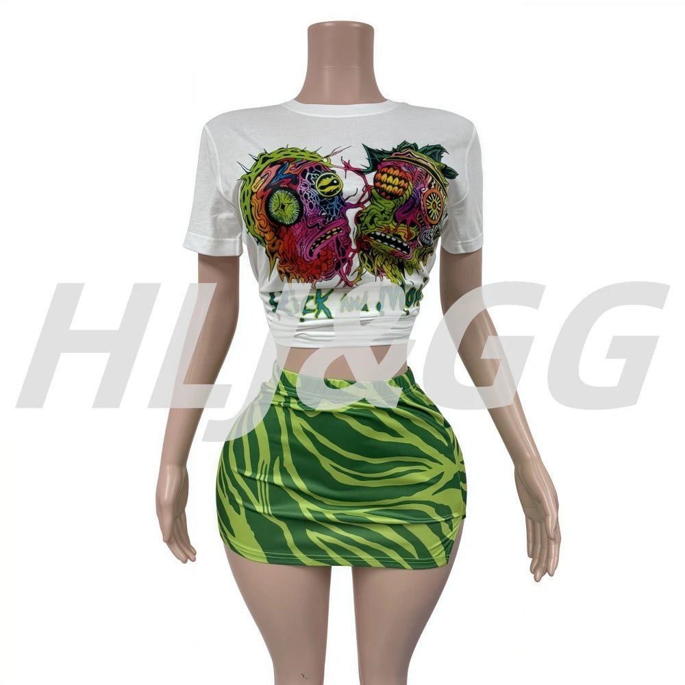 Two - Piece Set With Printed Pattern Round - Neck Tee And Mini Skirt - Y2K Streetwear Style - SN Wigs & More