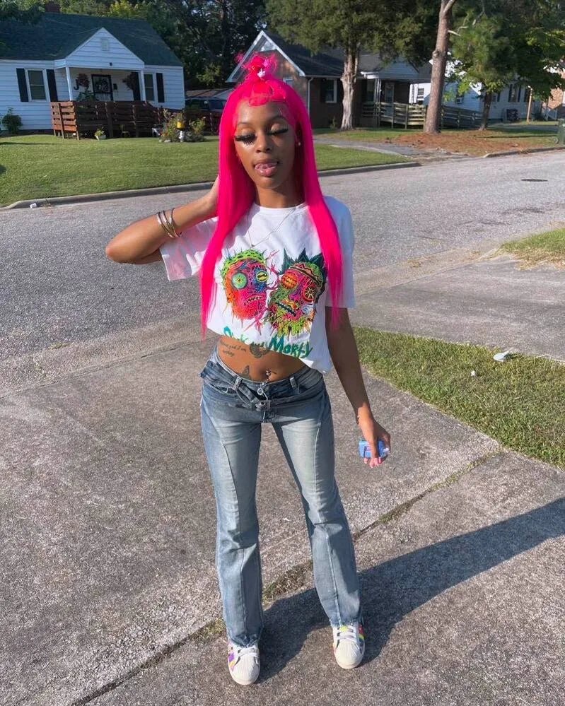 Two - Piece Set With Printed Pattern Round - Neck Tee And Mini Skirt - Y2K Streetwear Style - SN Wigs & More