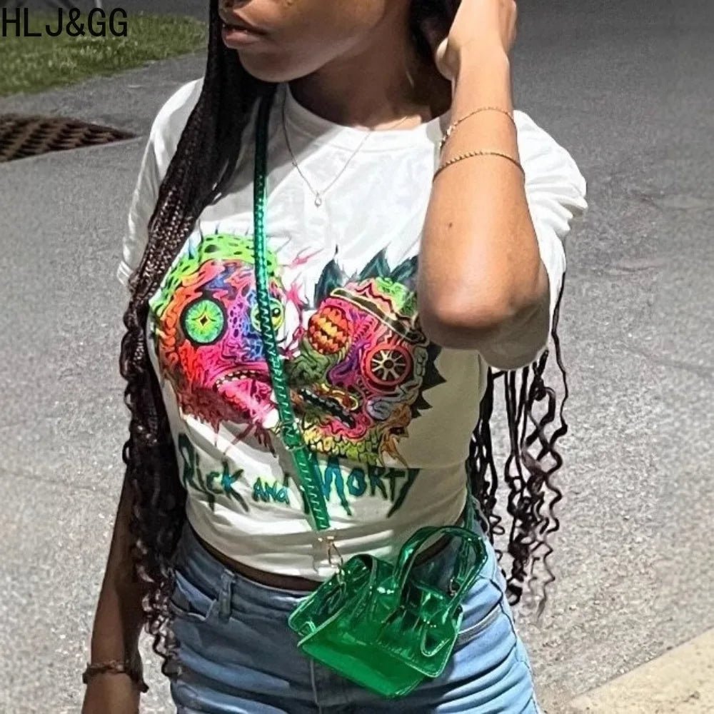 Two - Piece Set With Printed Pattern Round - Neck Tee And Mini Skirt - Y2K Streetwear Style - SN Wigs & More