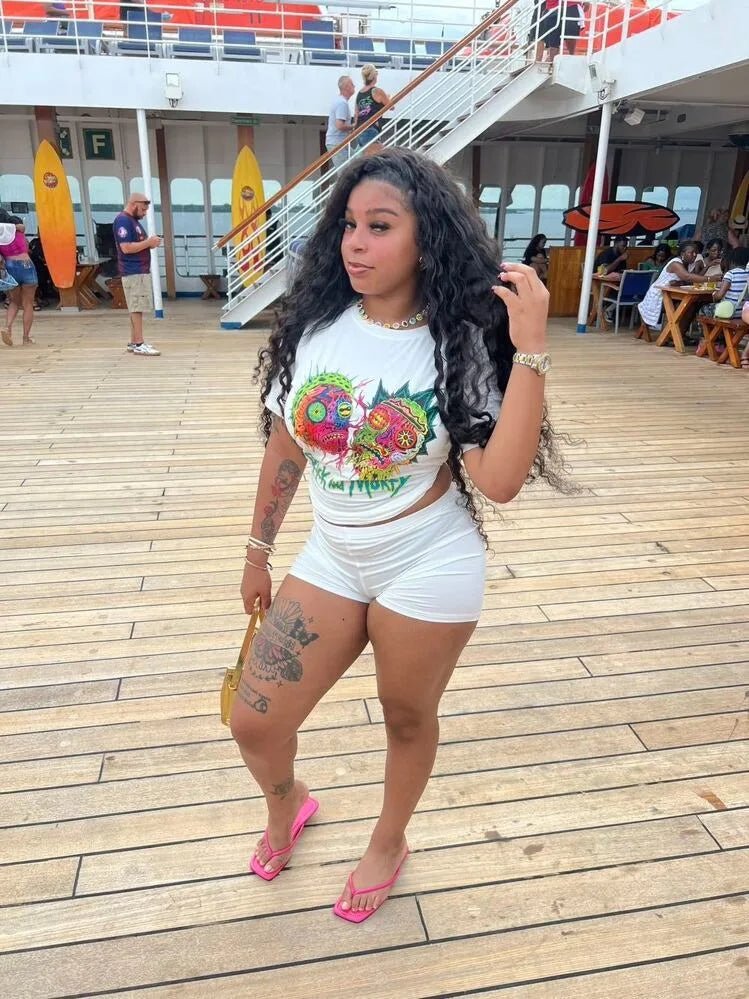 Two - Piece Set With Printed Pattern Round - Neck Tee And Mini Skirt - Y2K Streetwear Style - SN Wigs & More