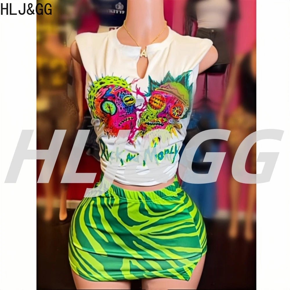 Two - Piece Set With Printed Pattern Round - Neck Tee And Mini Skirt - Y2K Streetwear Style - SN Wigs & More