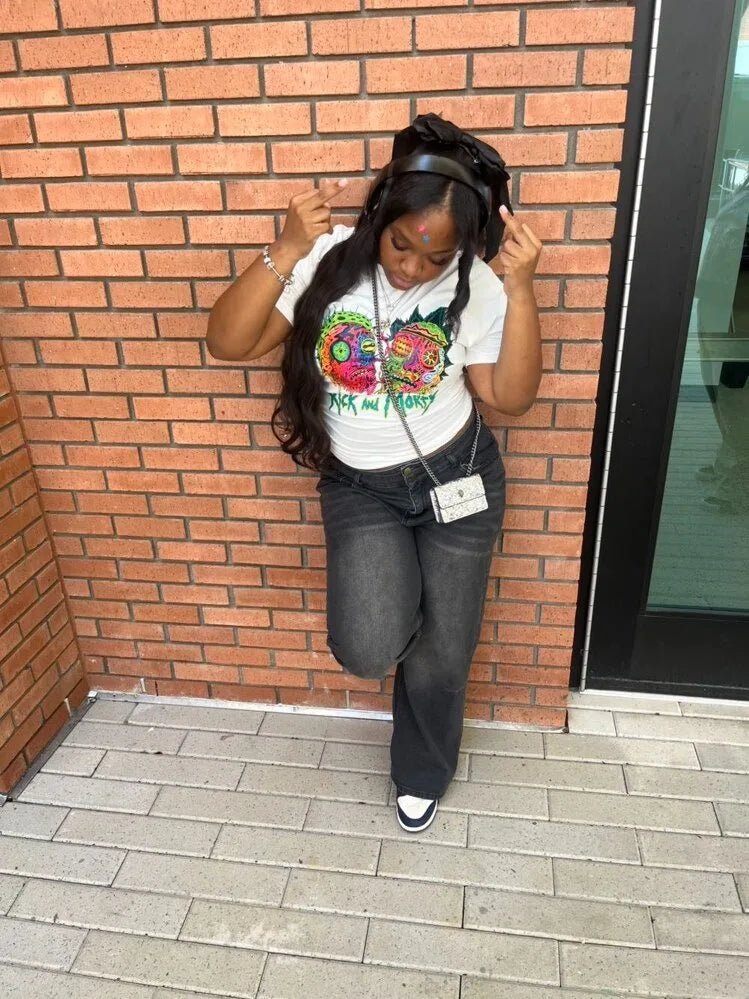 Two - Piece Set With Printed Pattern Round - Neck Tee And Mini Skirt - Y2K Streetwear Style - SN Wigs & More