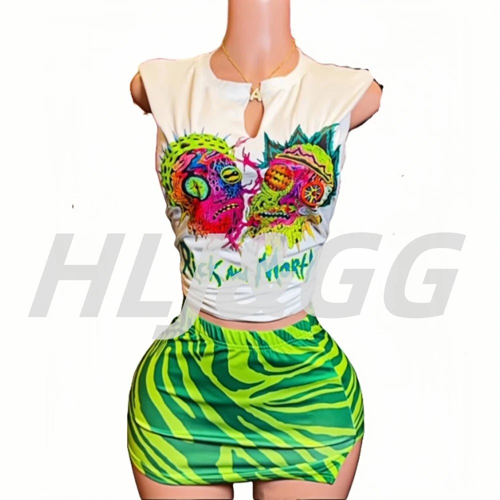 Two - Piece Set With Printed Pattern Round - Neck Tee And Mini Skirt - Y2K Streetwear Style - SN Wigs & More