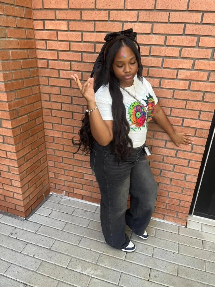 Two - Piece Set With Printed Pattern Round - Neck Tee And Mini Skirt - Y2K Streetwear Style - SN Wigs & More
