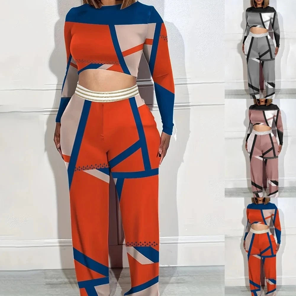Two Piece Set Women Outfit 2024 Spring Fashion Geometric Print Colorblock Round Neck Long Sleeve Crop Top Wide Leg Pants Set