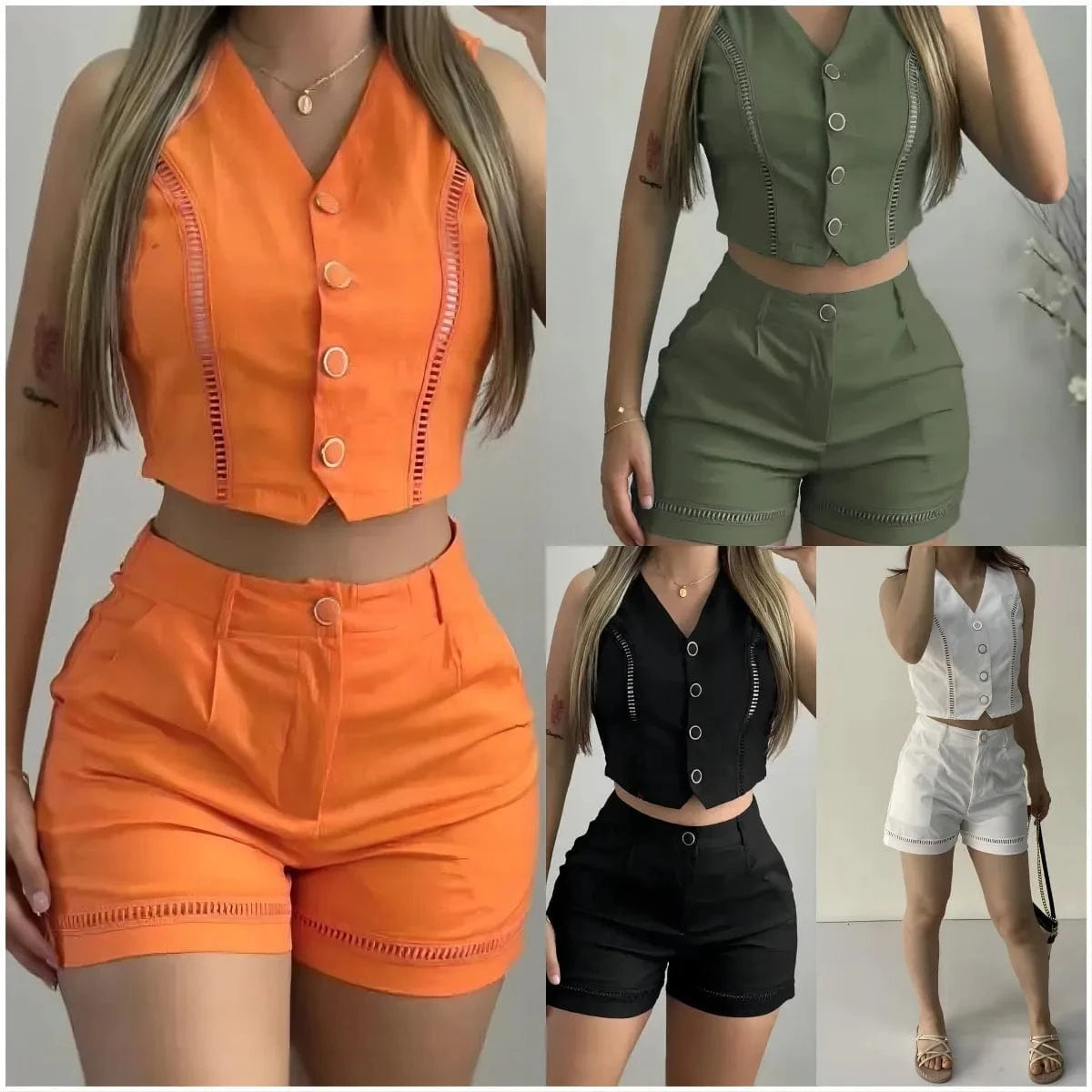 Two Piece Short Pants Suit Women Matching Set Solid Sleeveless Top High Waist Zipper Pant Slim Causal Elegant Office Lady Summer