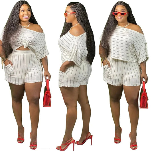 Two-Piece Shorts Suit Plus Size Fashion Striped Two-Piece Shorts Solid Color Suit Women's Sports Shorts Casual Two-Piece Set