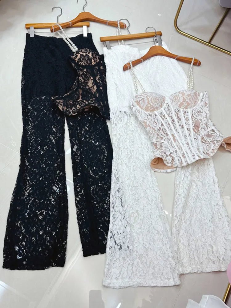 Two - Piece Strapless Lace Vest Top And Long Pants See - Through Set + Elegant Style - SN Wigs & More