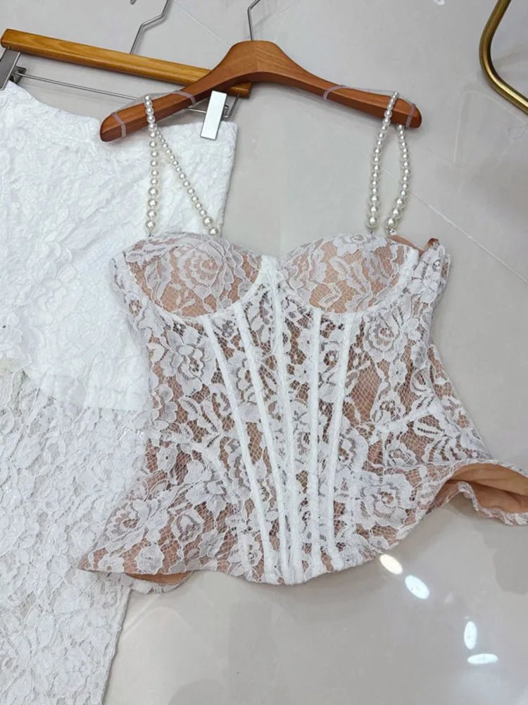 Two - Piece Strapless Lace Vest Top And Long Pants See - Through Set + Elegant Style - SN Wigs & More