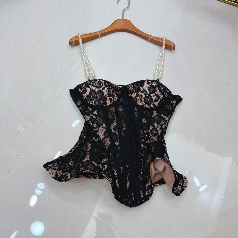Two - Piece Strapless Lace Vest Top And Long Pants See - Through Set + Elegant Style - SN Wigs & More