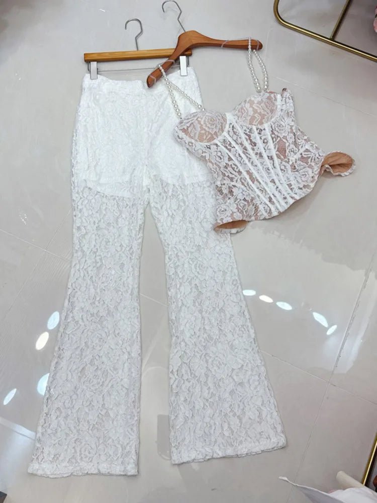 Two - Piece Strapless Lace Vest Top And Long Pants See - Through Set + Elegant Style - SN Wigs & More