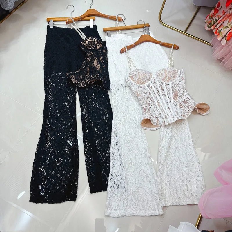Two - Piece Strapless Lace Vest Top And Long Pants See - Through Set + Elegant Style - SN Wigs & More