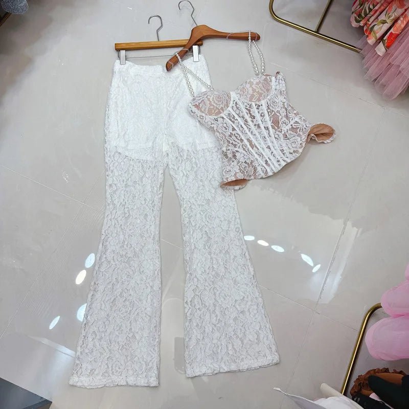 Two - Piece Strapless Lace Vest Top And Long Pants See - Through Set + Elegant Style - SN Wigs & More