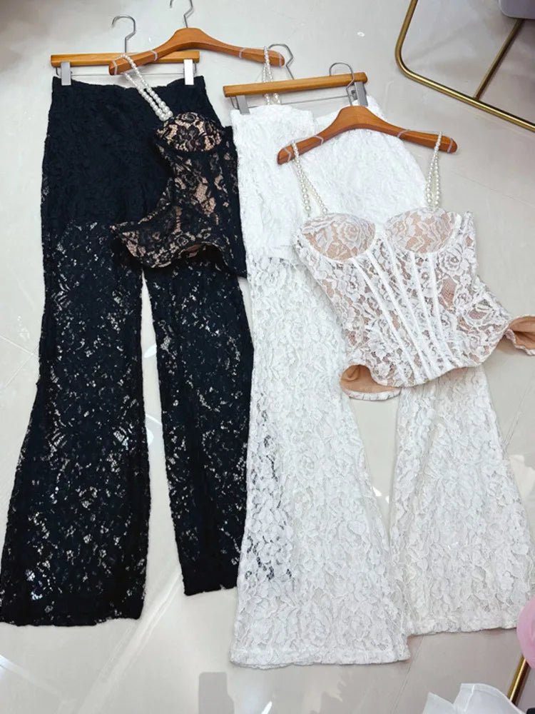 Two - Piece Strapless Lace Vest Top And Long Pants See - Through Set + Elegant Style - SN Wigs & More