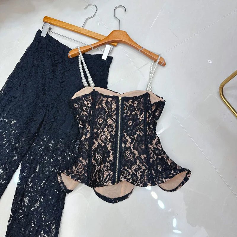 Two - Piece Strapless Lace Vest Top And Long Pants See - Through Set + Elegant Style - SN Wigs & More