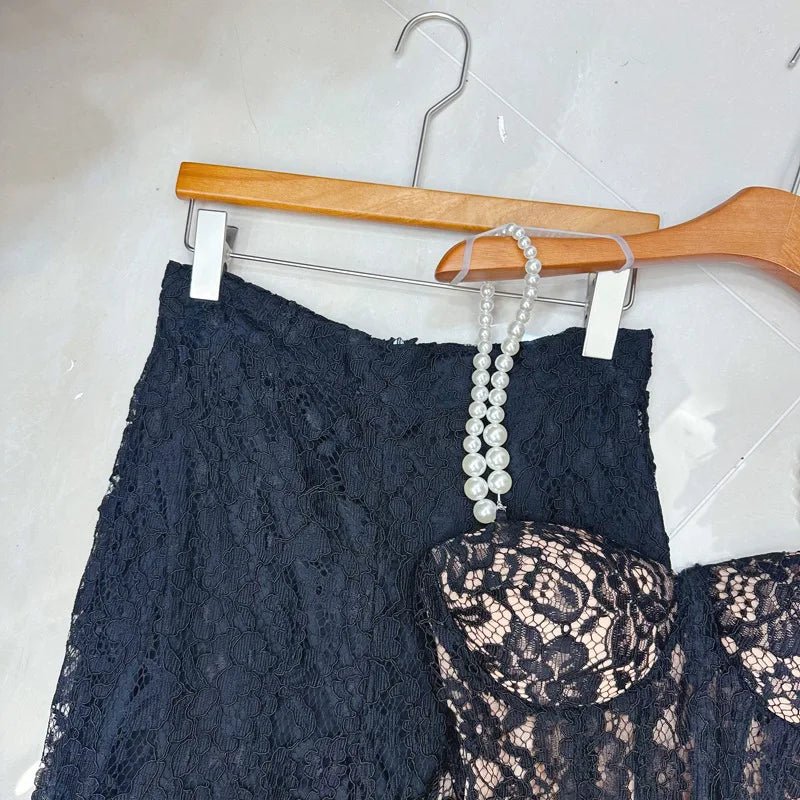 Two - Piece Strapless Lace Vest Top And Long Pants See - Through Set + Elegant Style - SN Wigs & More
