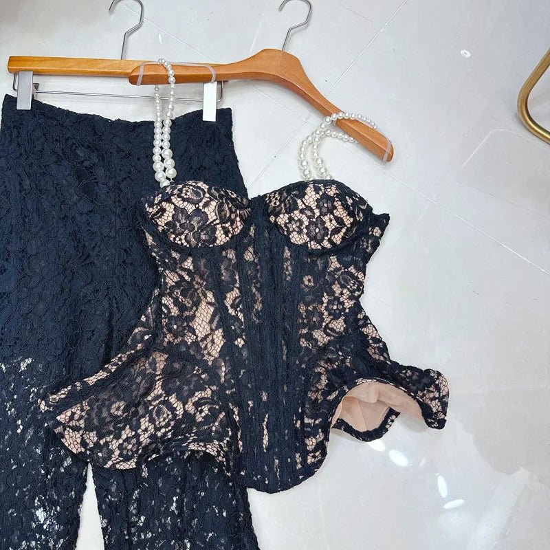 Two - Piece Strapless Lace Vest Top And Long Pants See - Through Set + Elegant Style - SN Wigs & More