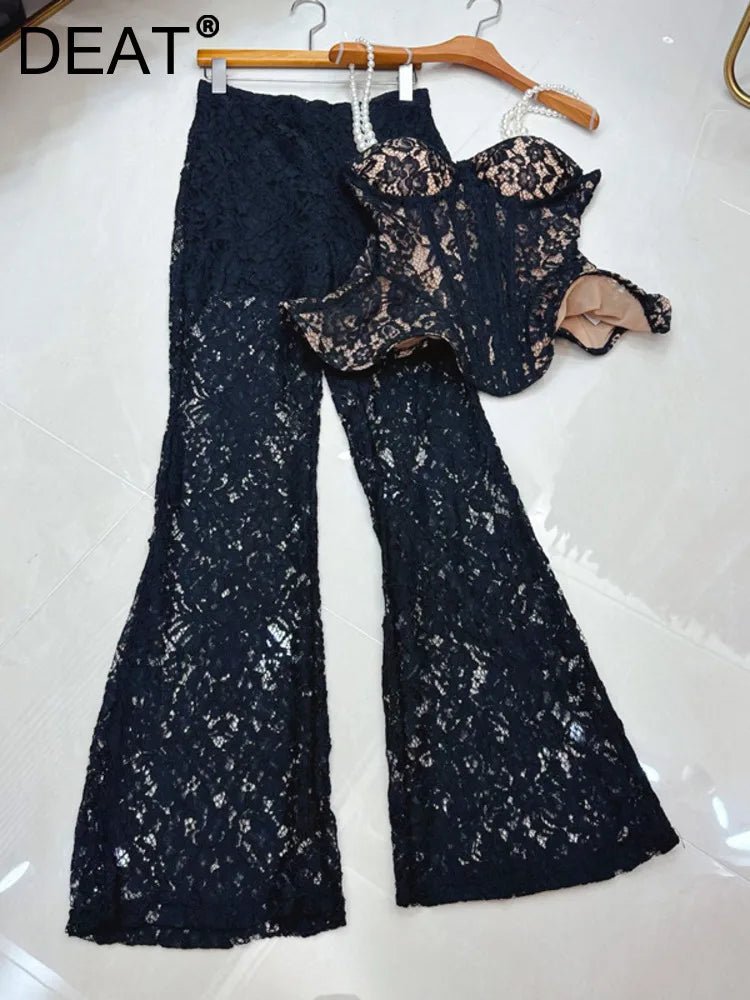 Two - Piece Strapless Lace Vest Top And Long Pants See - Through Set + Elegant Style - SN Wigs & More