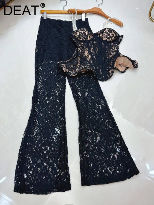 Two - Piece Strapless Lace Vest Top And Long Pants See - Through Set + Elegant Style - SN Wigs & More