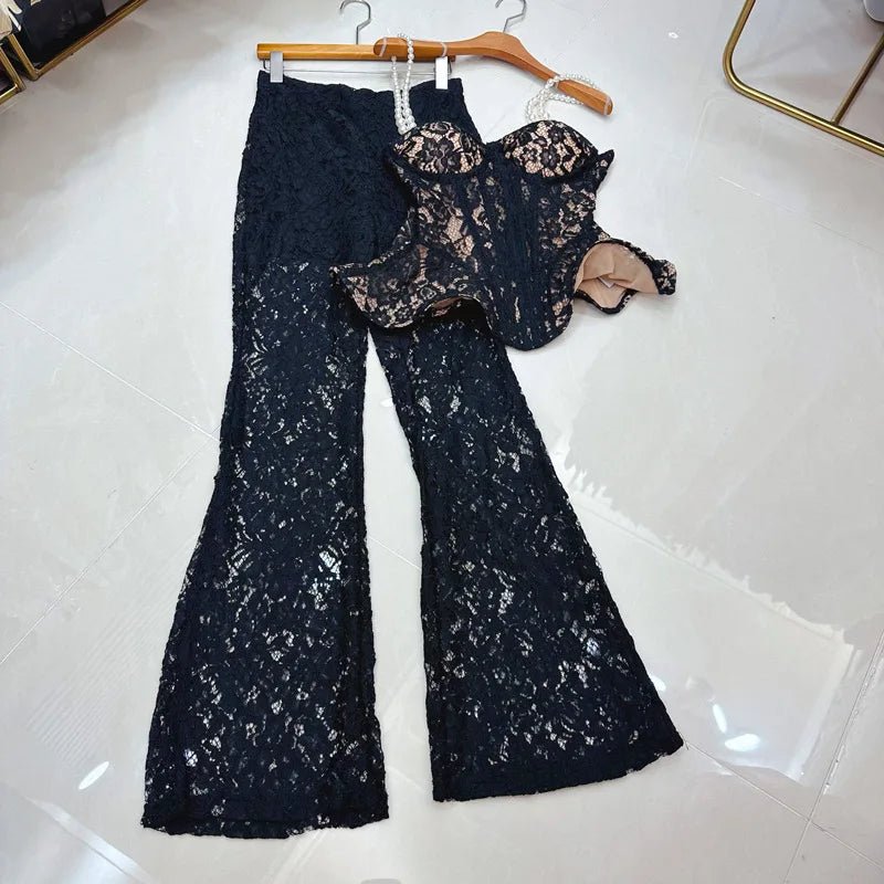 Two - Piece Strapless Lace Vest Top And Long Pants See - Through Set + Elegant Style - SN Wigs & More