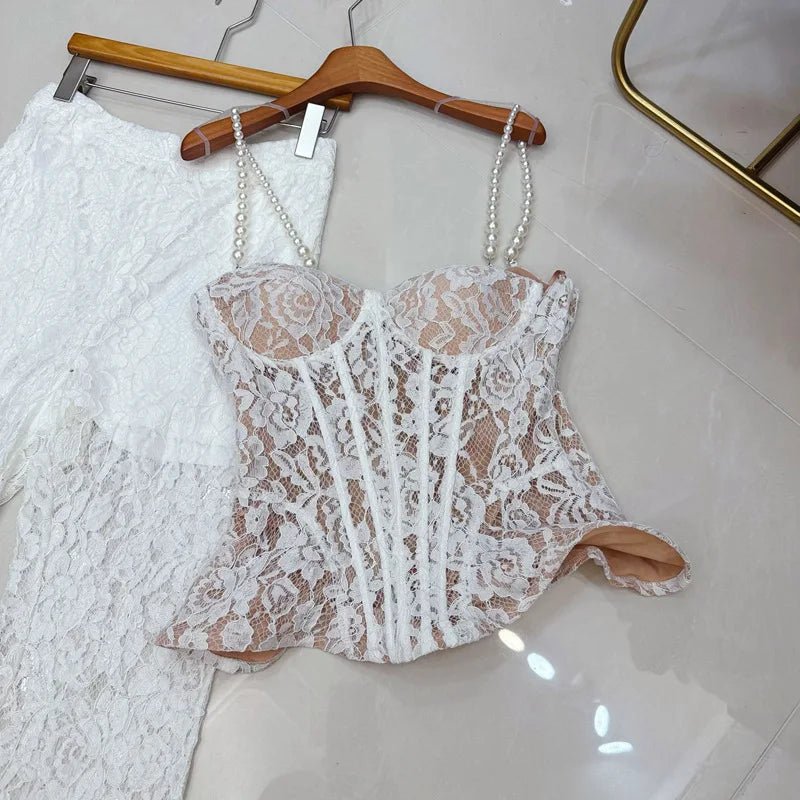 Two - Piece Strapless Lace Vest Top And Long Pants See - Through Set + Elegant Style - SN Wigs & More