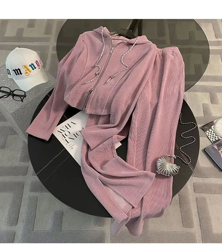 Two - Piece Tracksuit Set Hooded Zip Sweatshirt And Wide Leg Pants With Pockets - Sporty Autumn Style - SN Wigs & More