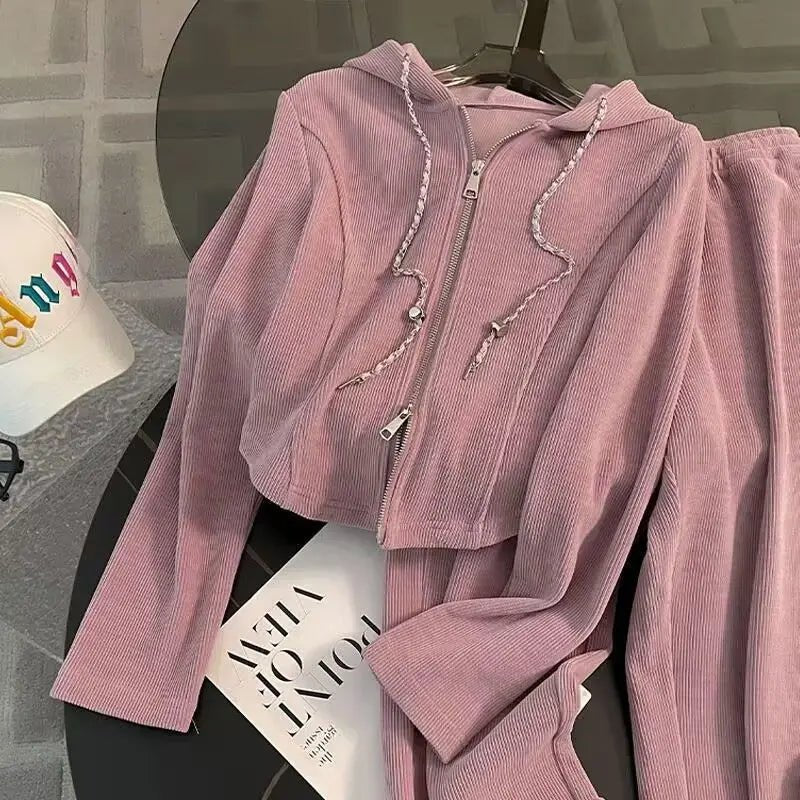 Two - Piece Tracksuit Set Hooded Zip Sweatshirt And Wide Leg Pants With Pockets - Sporty Autumn Style - SN Wigs & More