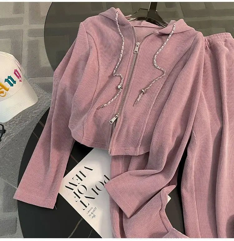 Two - Piece Tracksuit Set Hooded Zip Sweatshirt And Wide Leg Pants With Pockets - Sporty Autumn Style - SN Wigs & More