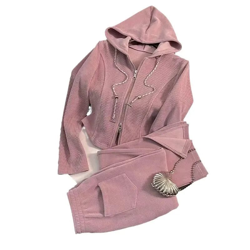 Two - Piece Tracksuit Set Hooded Zip Sweatshirt And Wide Leg Pants With Pockets - Sporty Autumn Style - SN Wigs & More