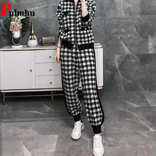 Two - Piece Tracksuit Set - Plaid Knit, High - Waist, Ankle - Length, Zip Jacket, Elegant Style - SN Wigs & More