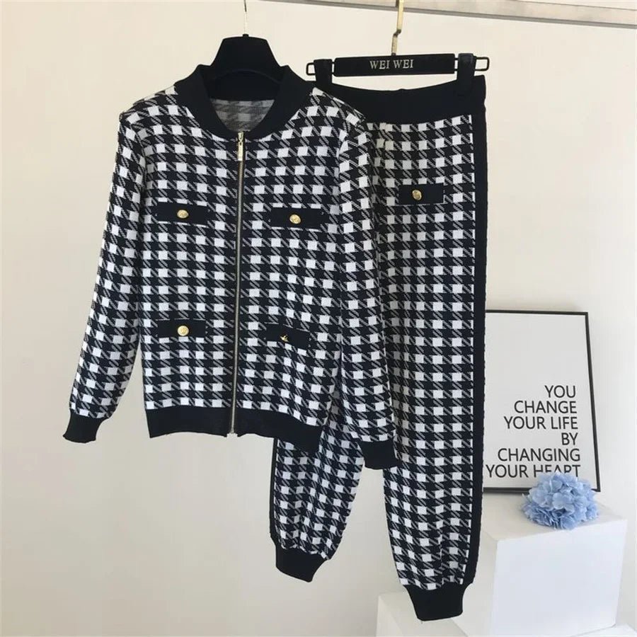 Two - Piece Tracksuit Set - Plaid Knit, High - Waist, Ankle - Length, Zip Jacket, Elegant Style - SN Wigs & More