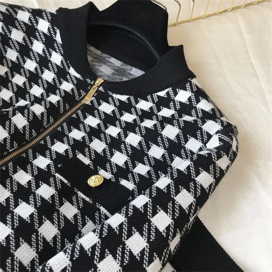 Two - Piece Tracksuit Set - Plaid Knit, High - Waist, Ankle - Length, Zip Jacket, Elegant Style - SN Wigs & More