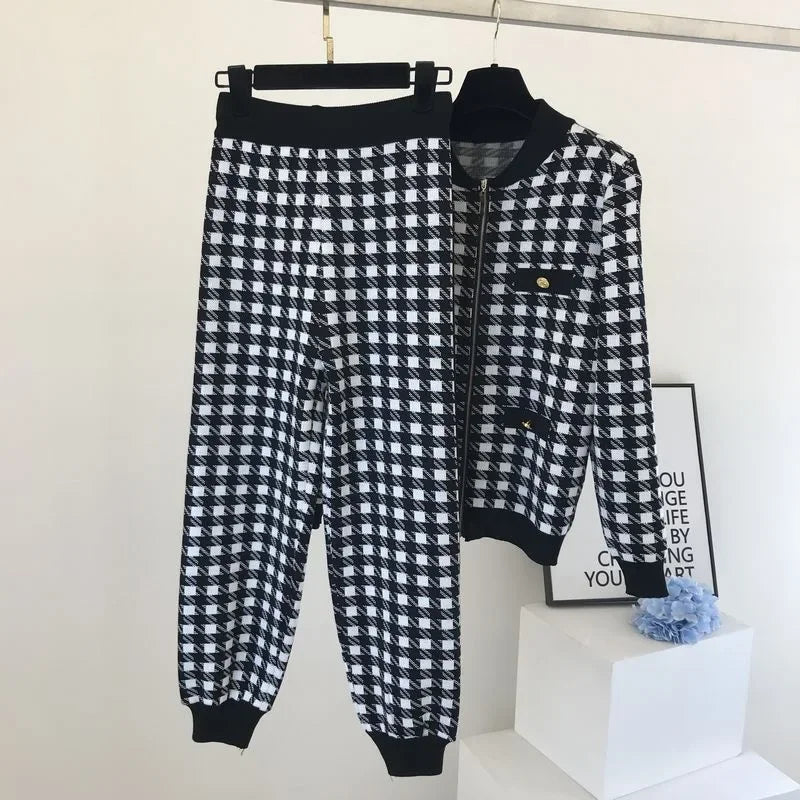 Two - Piece Tracksuit Set - Plaid Knit, High - Waist, Ankle - Length, Zip Jacket, Elegant Style - SN Wigs & More